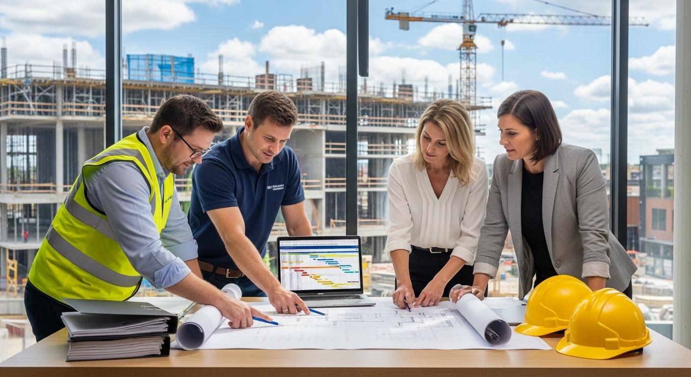 Commercial builder pre-construction team reviewing drawings in a site office