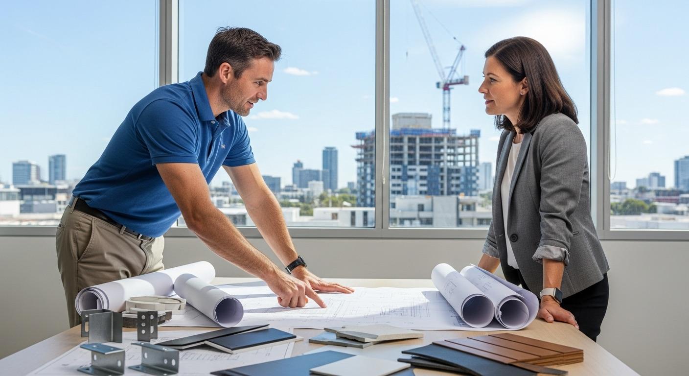 Product specification manager reviewing construction drawings with an architect