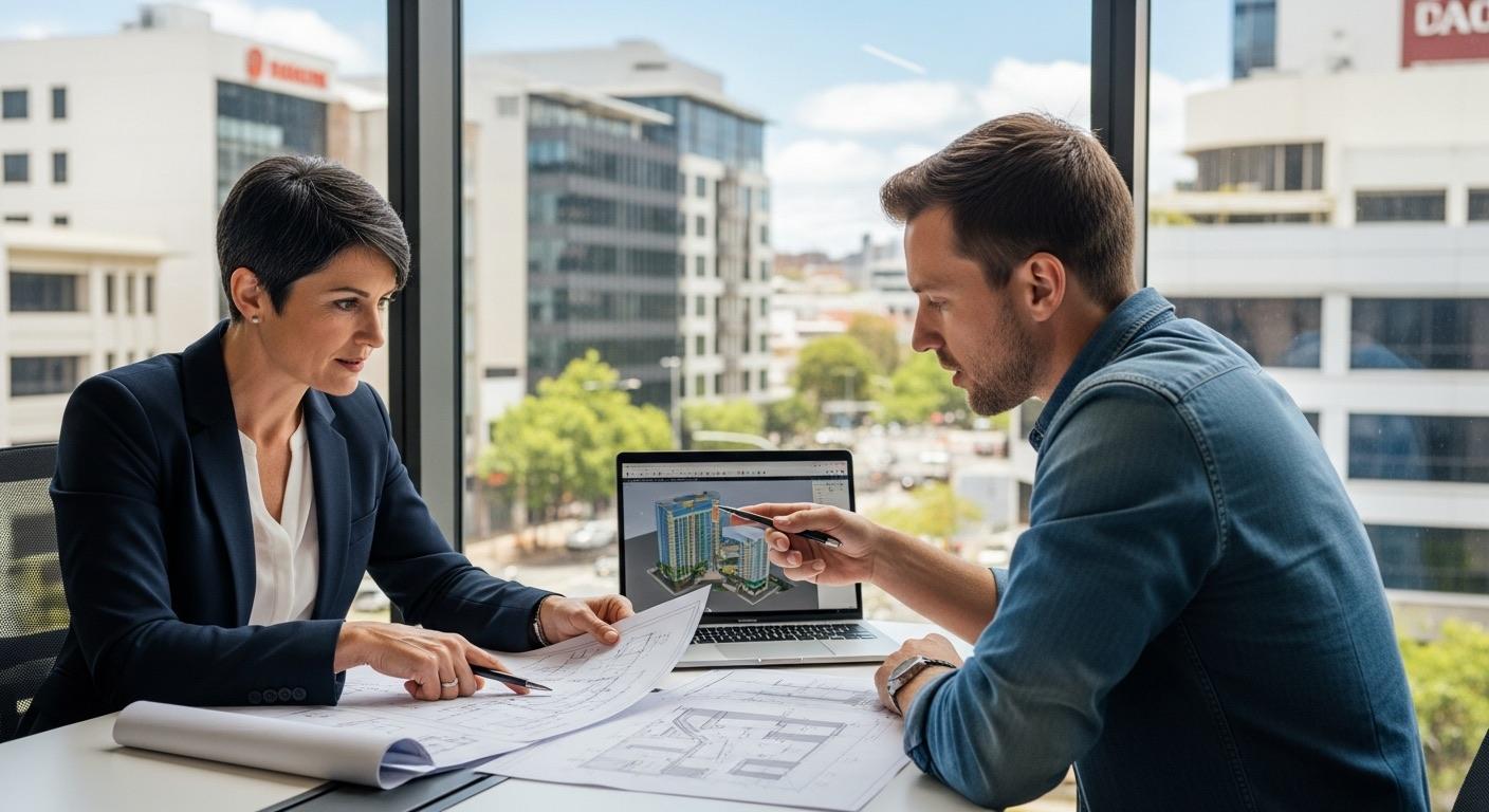 Consulting engineer reviewing mechanical drawings with an architect in a modern office