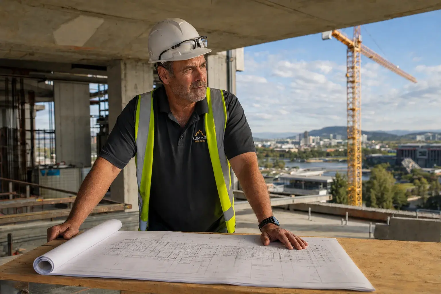 Commercial builder reviewing site drawings on a high-rise build with a tower crane in the background
