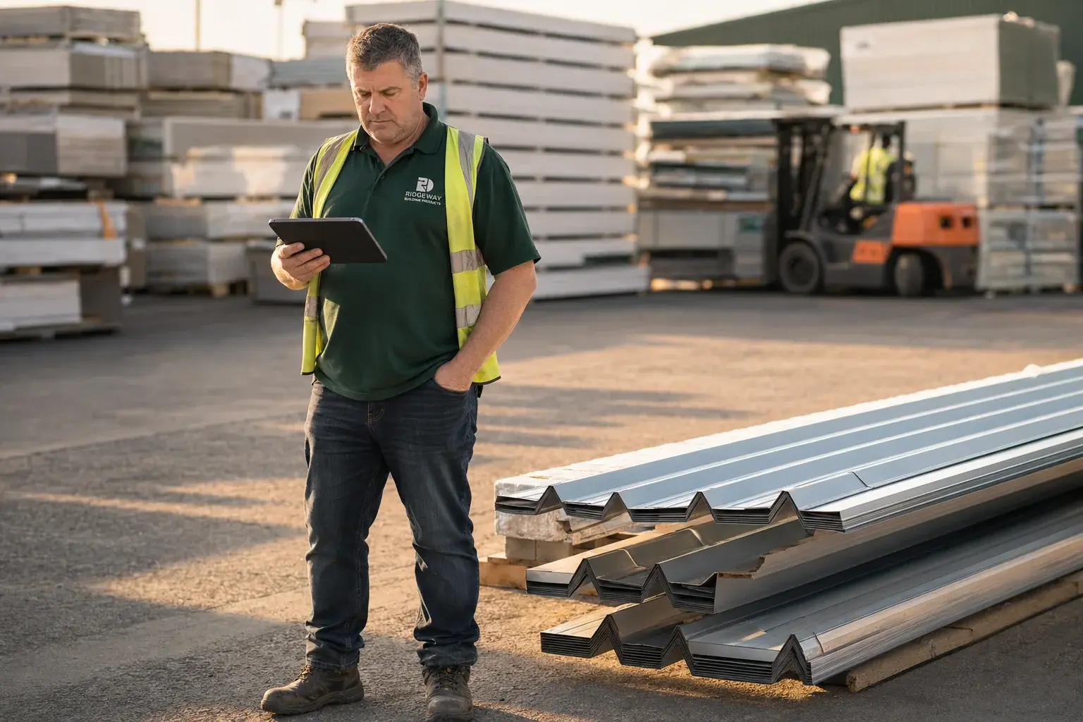 Building products supplier checking stock on a tablet in a profile-sheet stockyard
