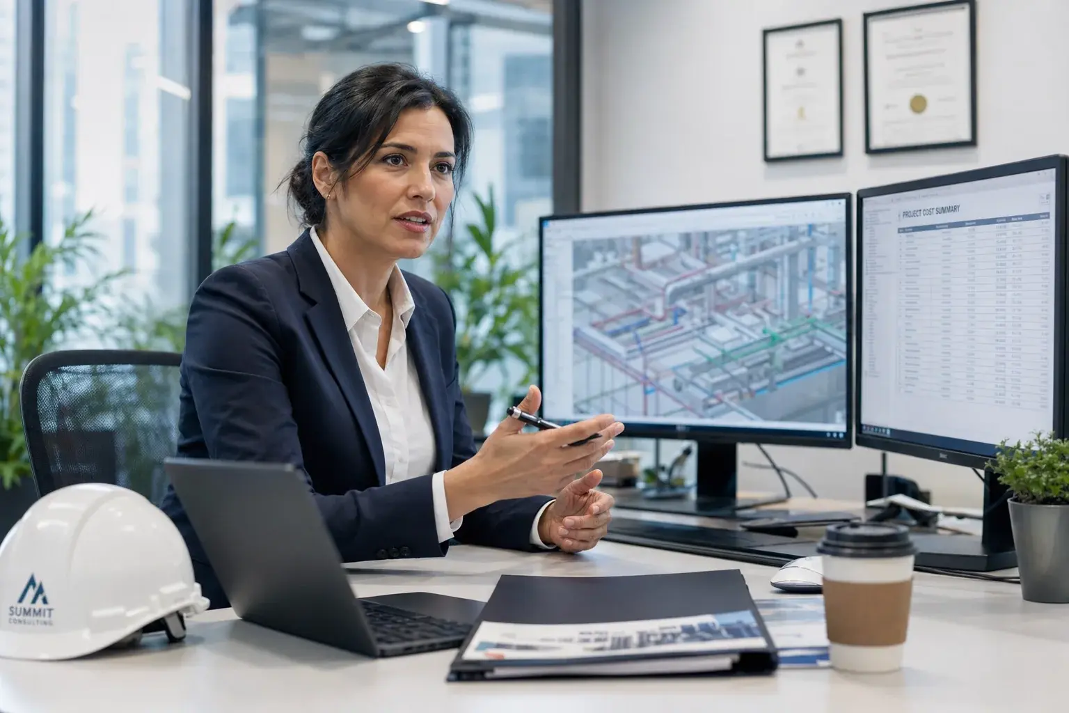Construction consultant presenting a BIM model and project cost summary at her desk