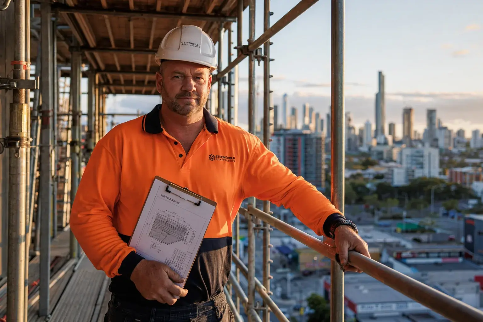 Scaffolding supervisor with a job clipboard on an elevated deck with a city skyline behind