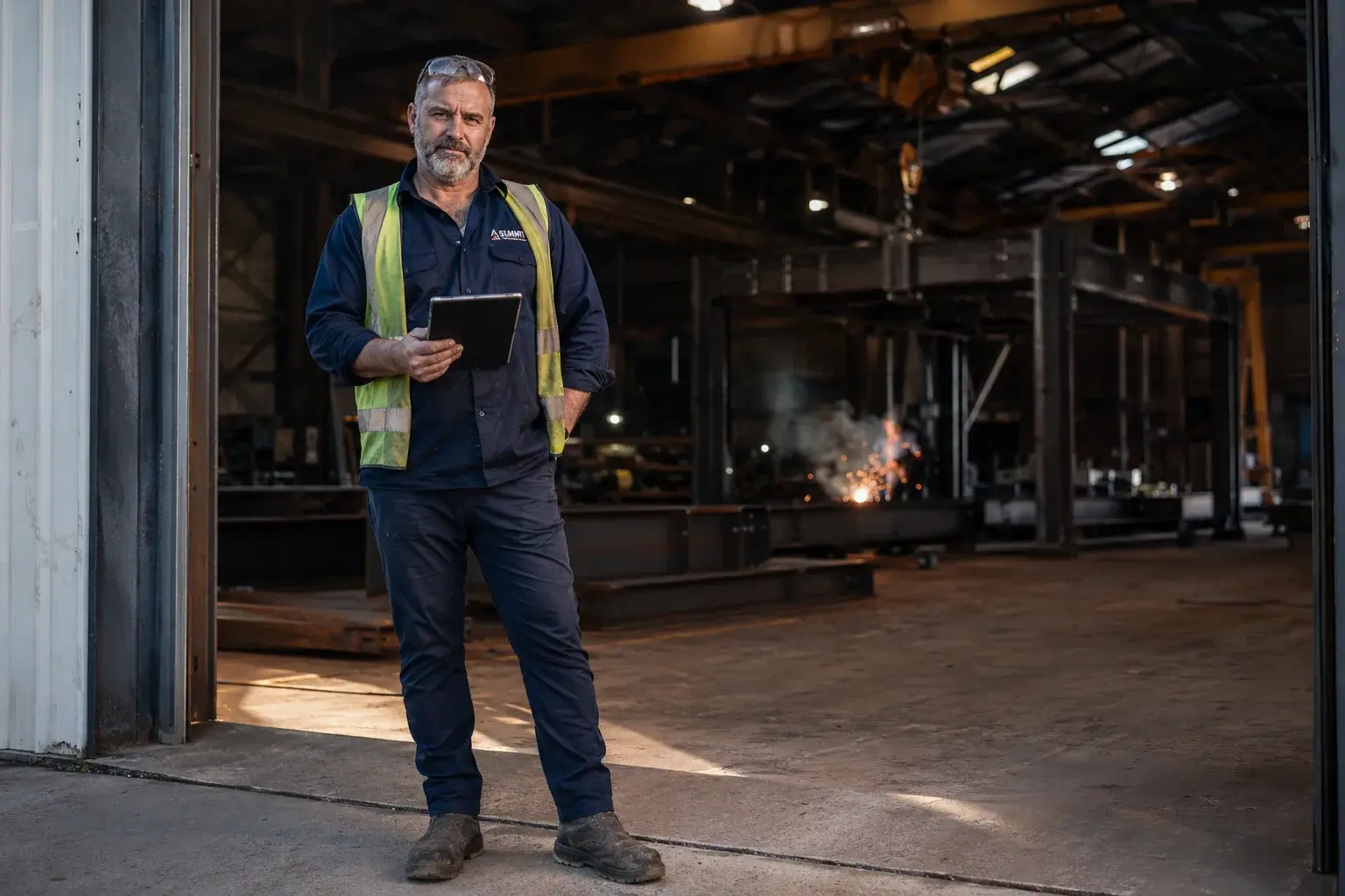 Steel fabrication supervisor with a tablet outside an active welding workshop