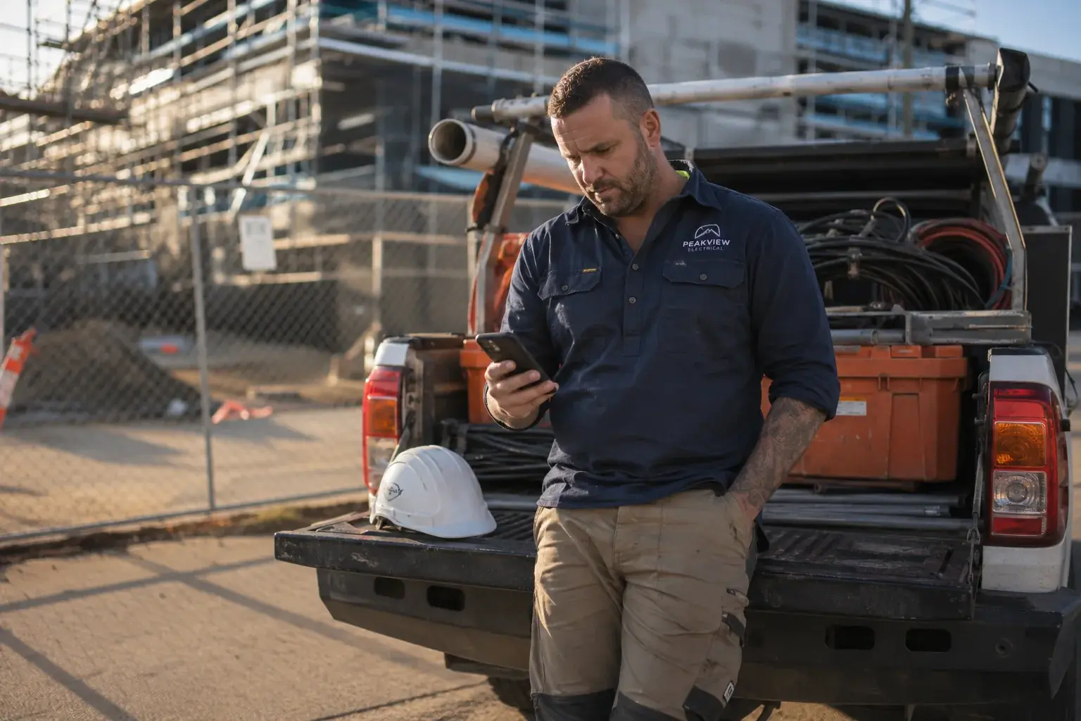 Subcontractor checking a job notification on his phone beside his ute at a construction site
